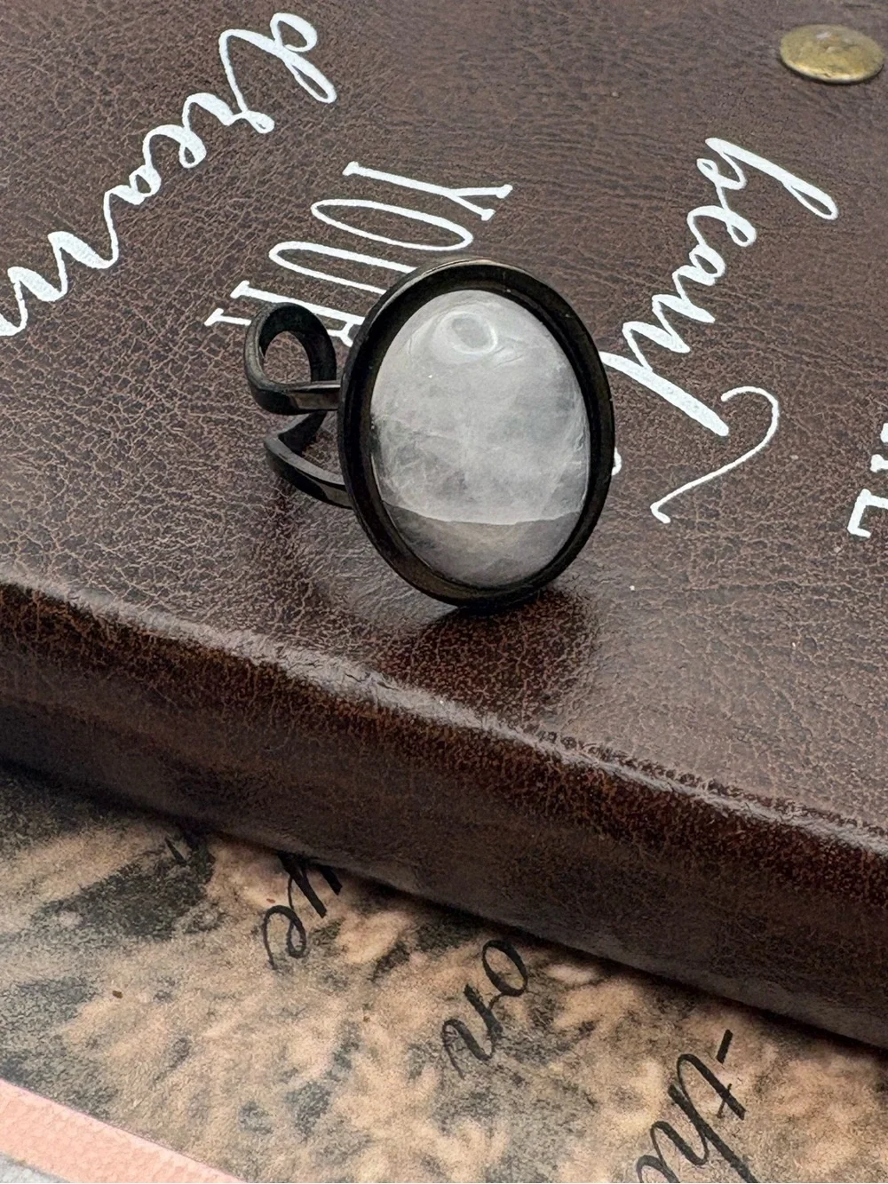 Handmade White Quartz Adjustable Black Statement Ring